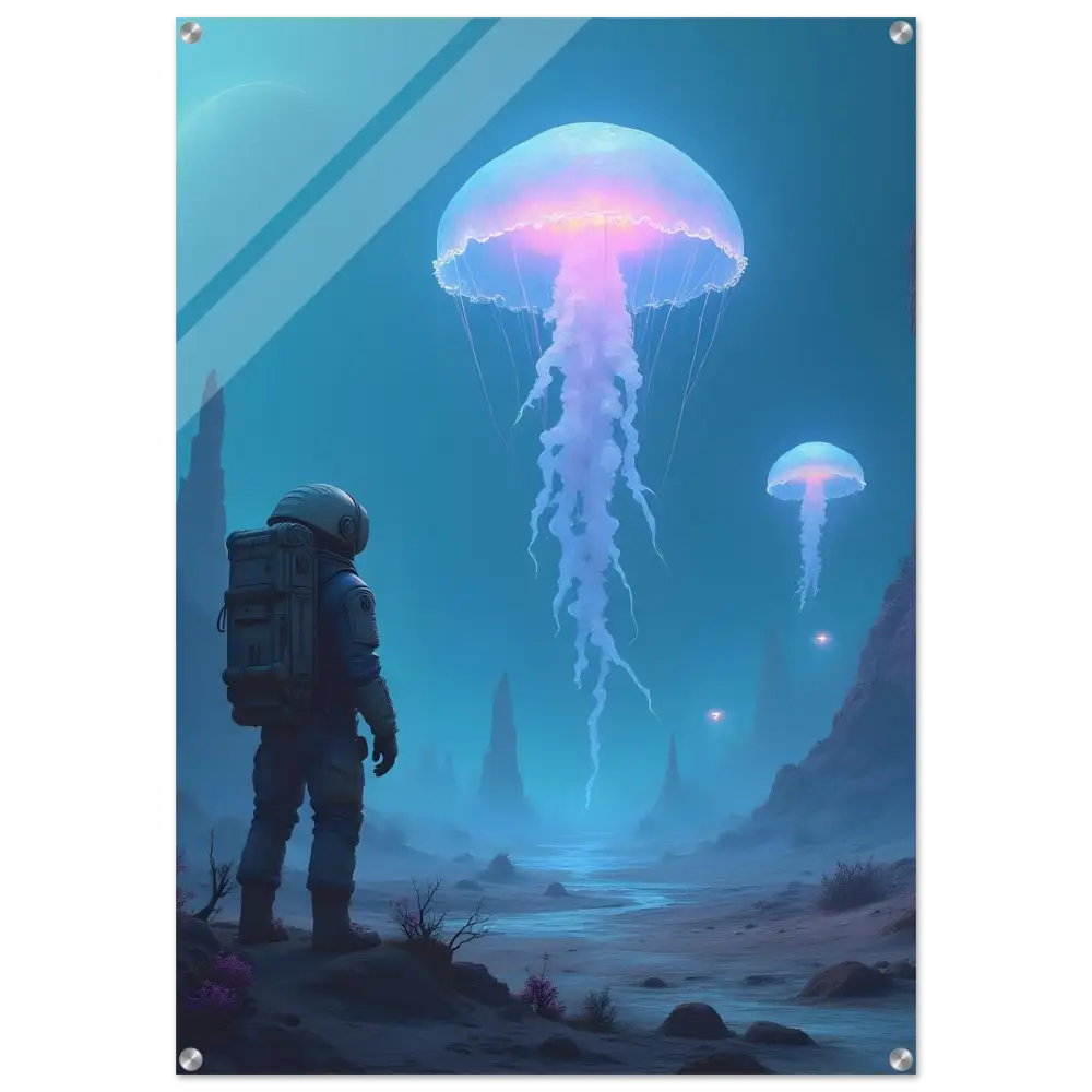Framed astronaut and jellyfish surreal acrylic wall art displayed in Deep Drift Encounter collection