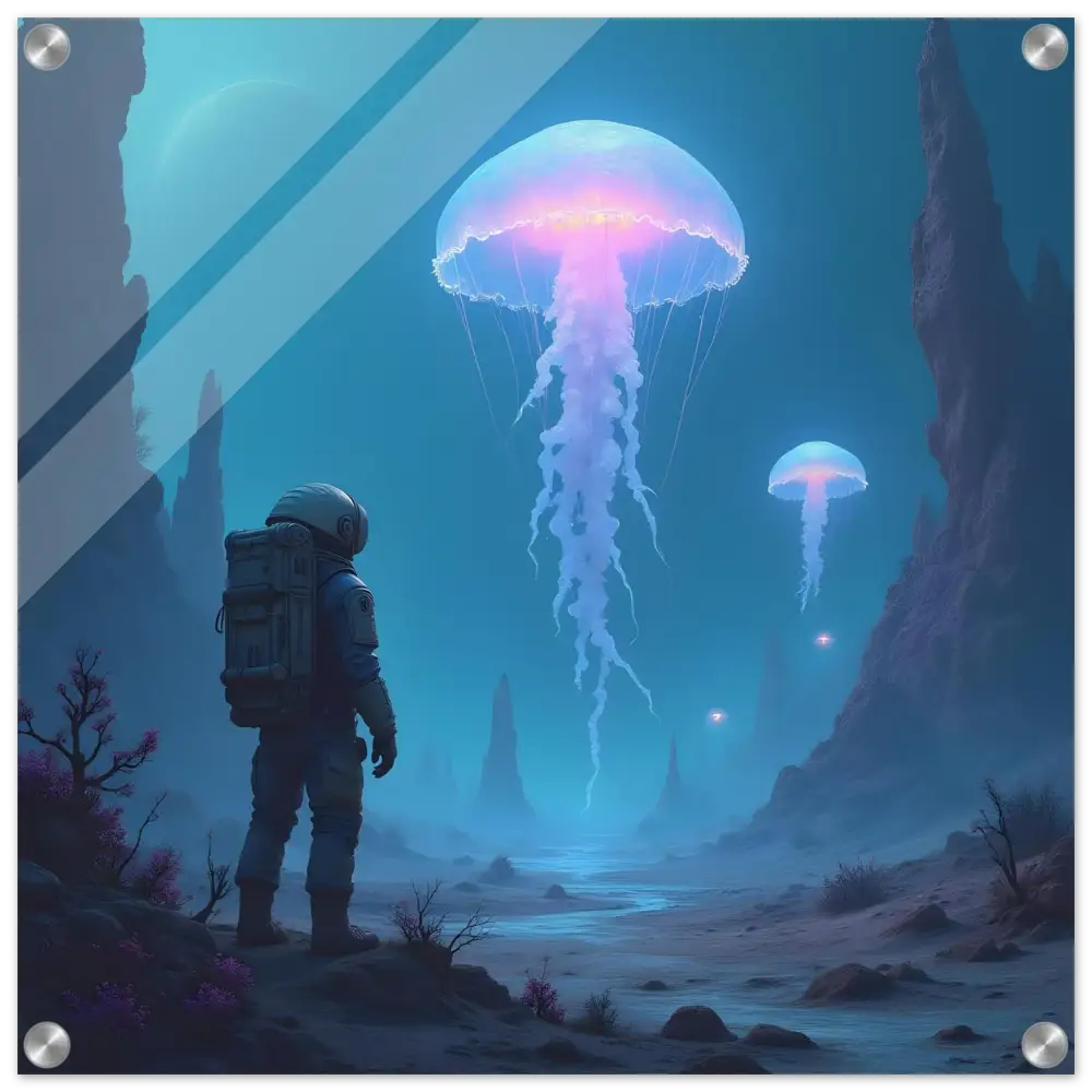 Acrylic Wall Art – Deep Drift Encounter features an astronaut gazing at glowing jellyfish