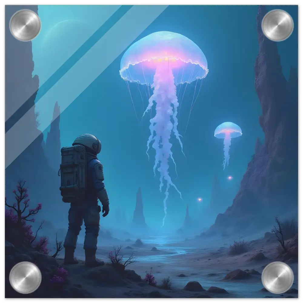 Astronaut gazing at glowing bioluminescent jellyfish in space-themed acrylic wall art