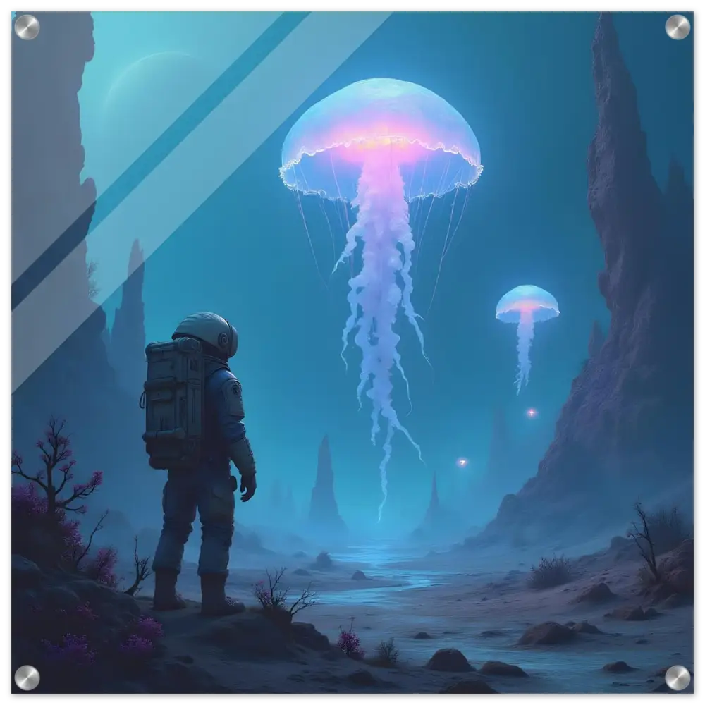 Acrylic Wall Art depicting an Astronaut gazing at bioluminescent Jellyfish in space
