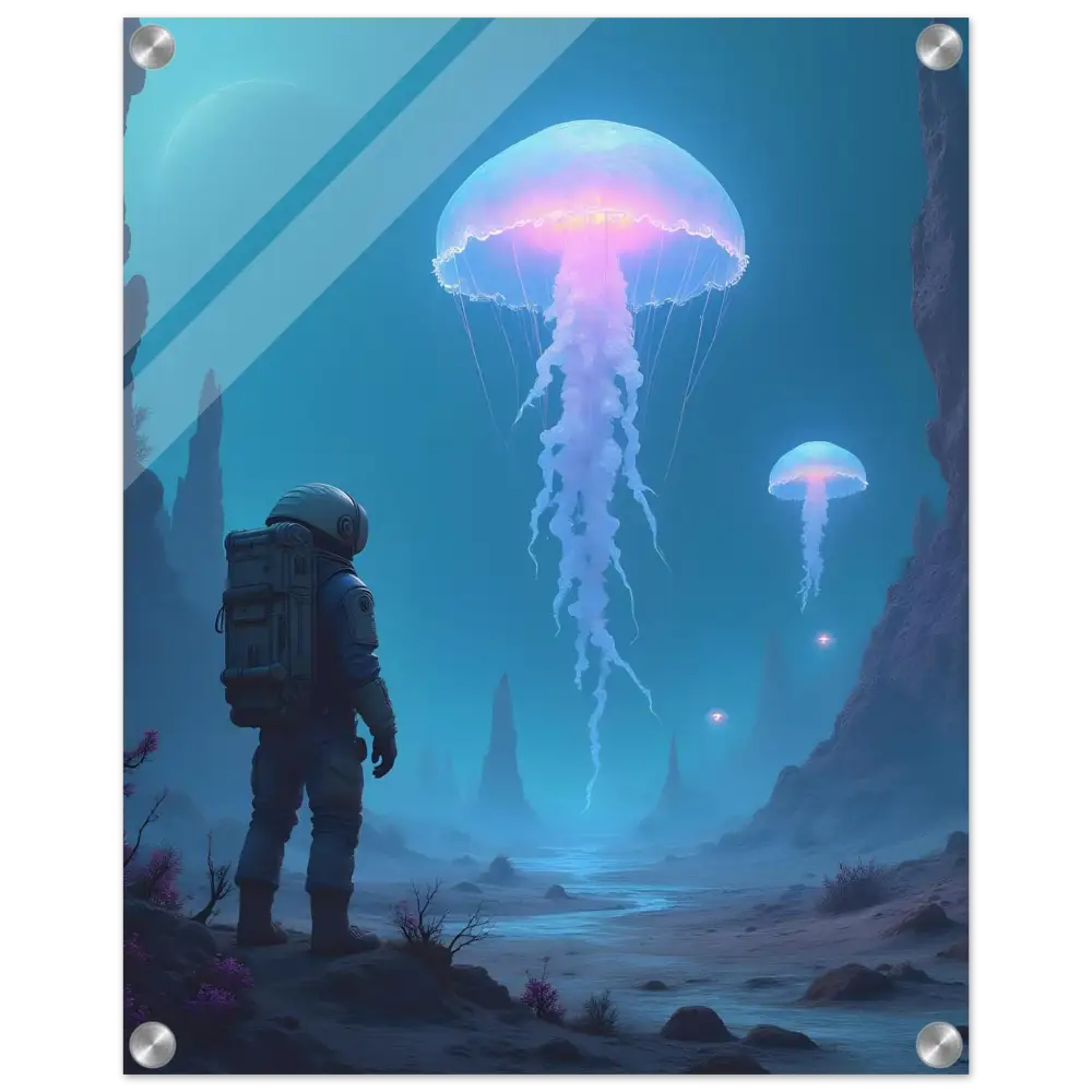 Acrylic Wall Art featuring astronaut gazing at bioluminescent jellyfish in space scene