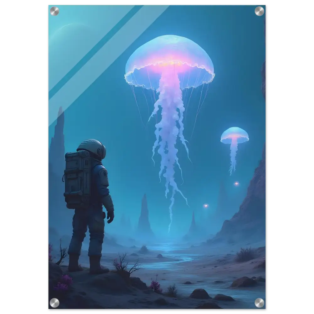 Acrylic Wall Art Deep Drift Encounter featuring an astronaut gazing at bioluminescent jellyfish