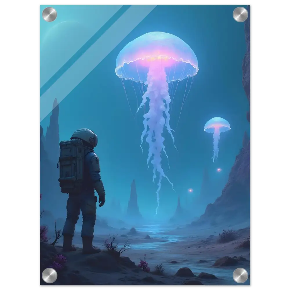 Astronaut gazing at giant surreal jellyfish acrylic wall art in space scene