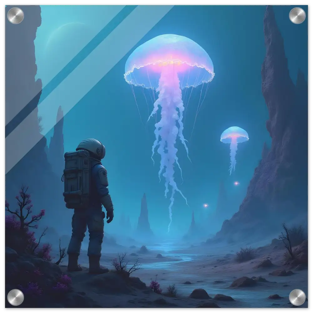 Astronaut gazing at giant jellyfish in space acrylic wall art by PixiOnyx Surreal Jellyfish Space Drop