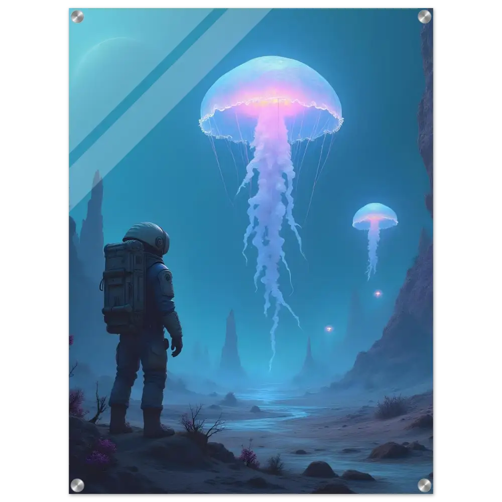 Framed astronaut and jellyfish surreal acrylic wall art display in space-themed decor