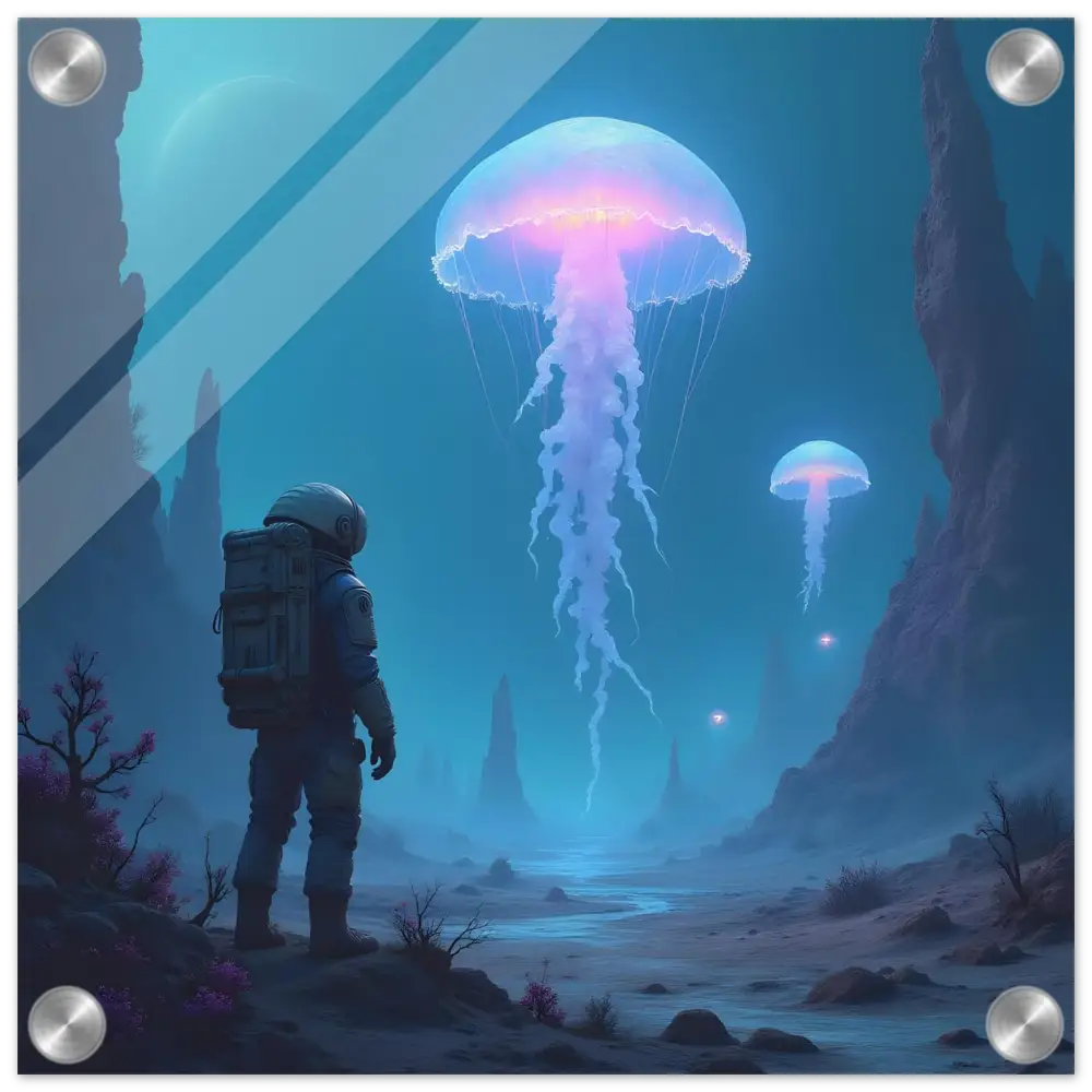 Astronaut observing glowing bioluminescent jellyfish in space-themed acrylic wall art