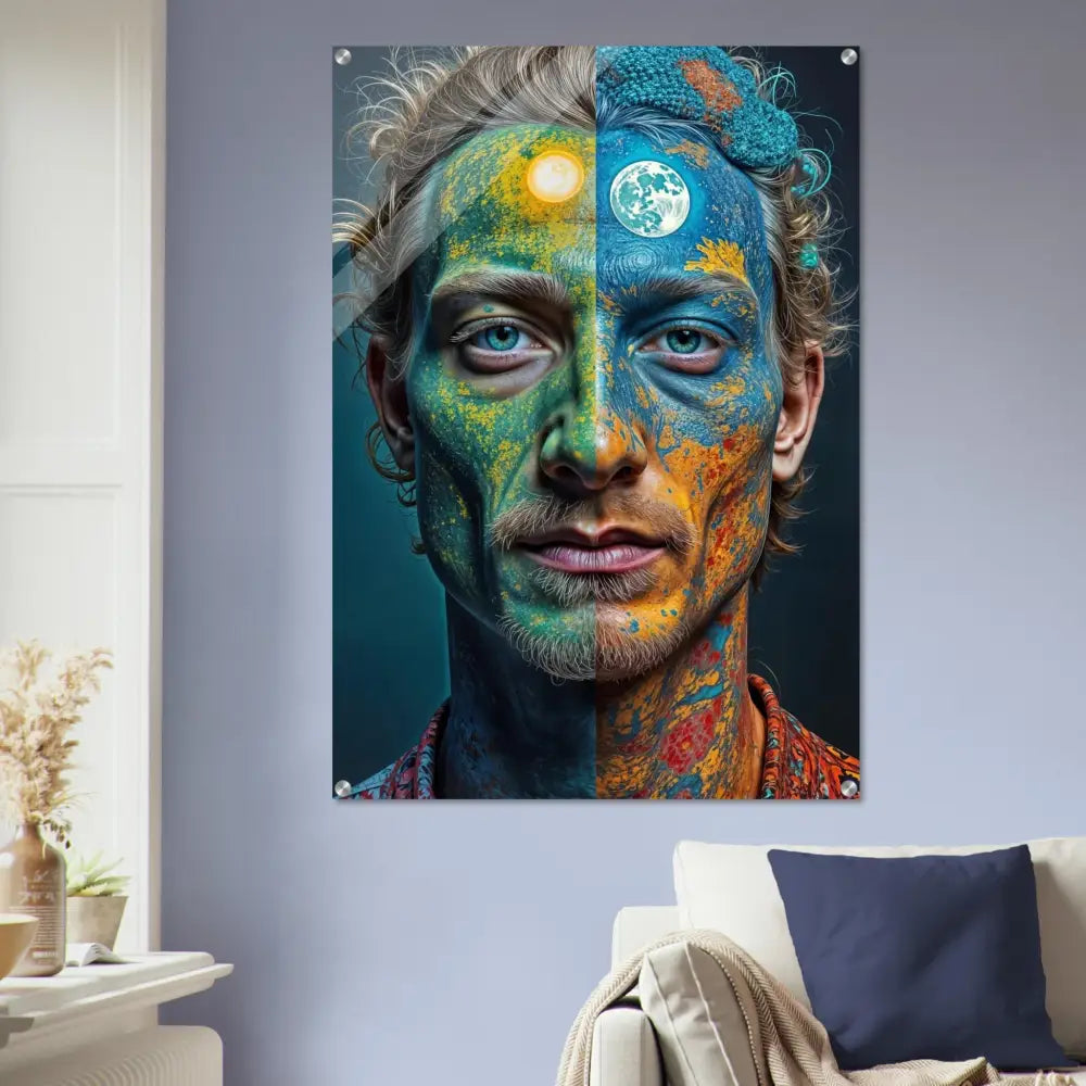 Surreal acrylic wall art featuring a face painted with Sun and Moon designs