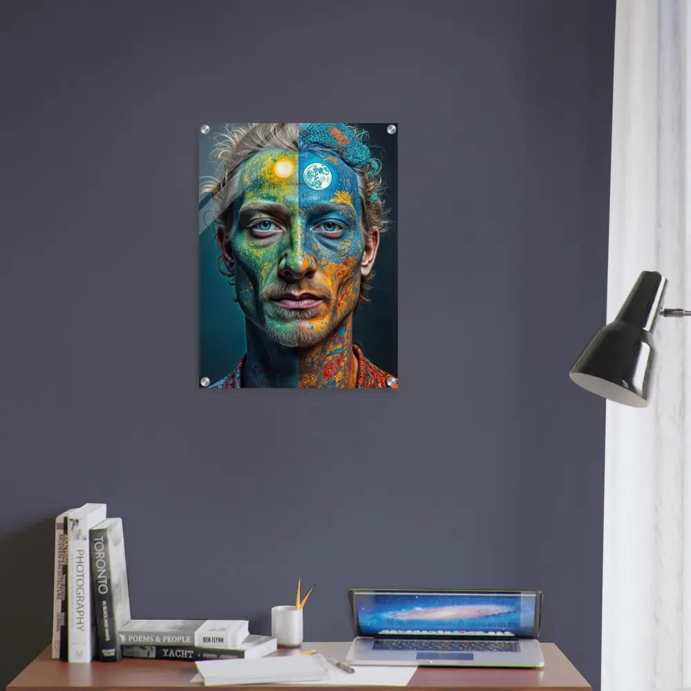 Wall-mounted portrait art featuring wild faces on shatterproof trippy acrylic print