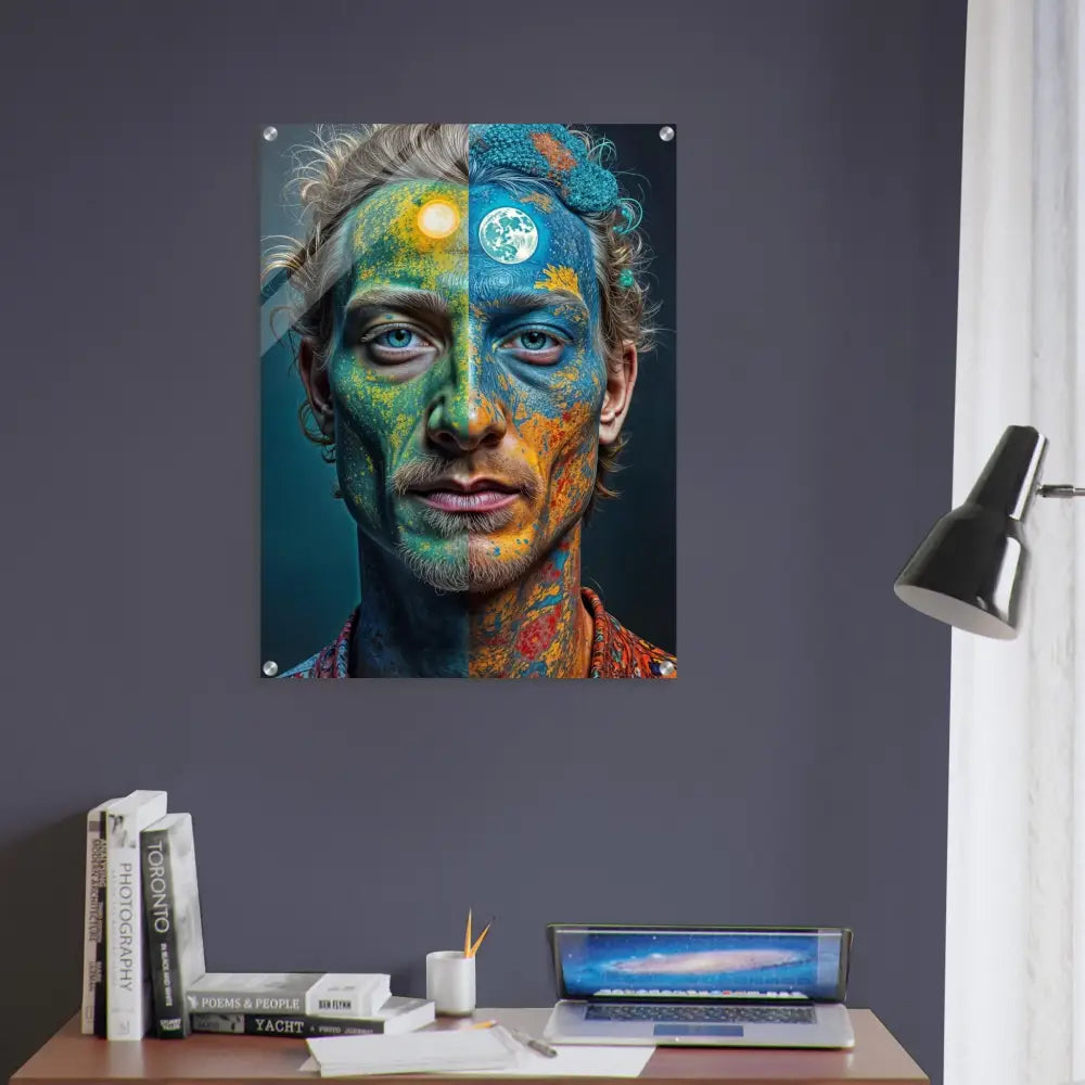 Artistic portrait with sun and moon face paint on Acrylic Wall Art Faces of the Wild Code