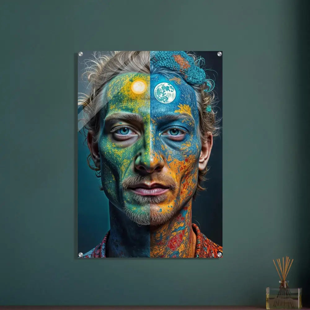Acrylic wall art of a man’s face split between day and night in Shatterproof Trippy Face Print style