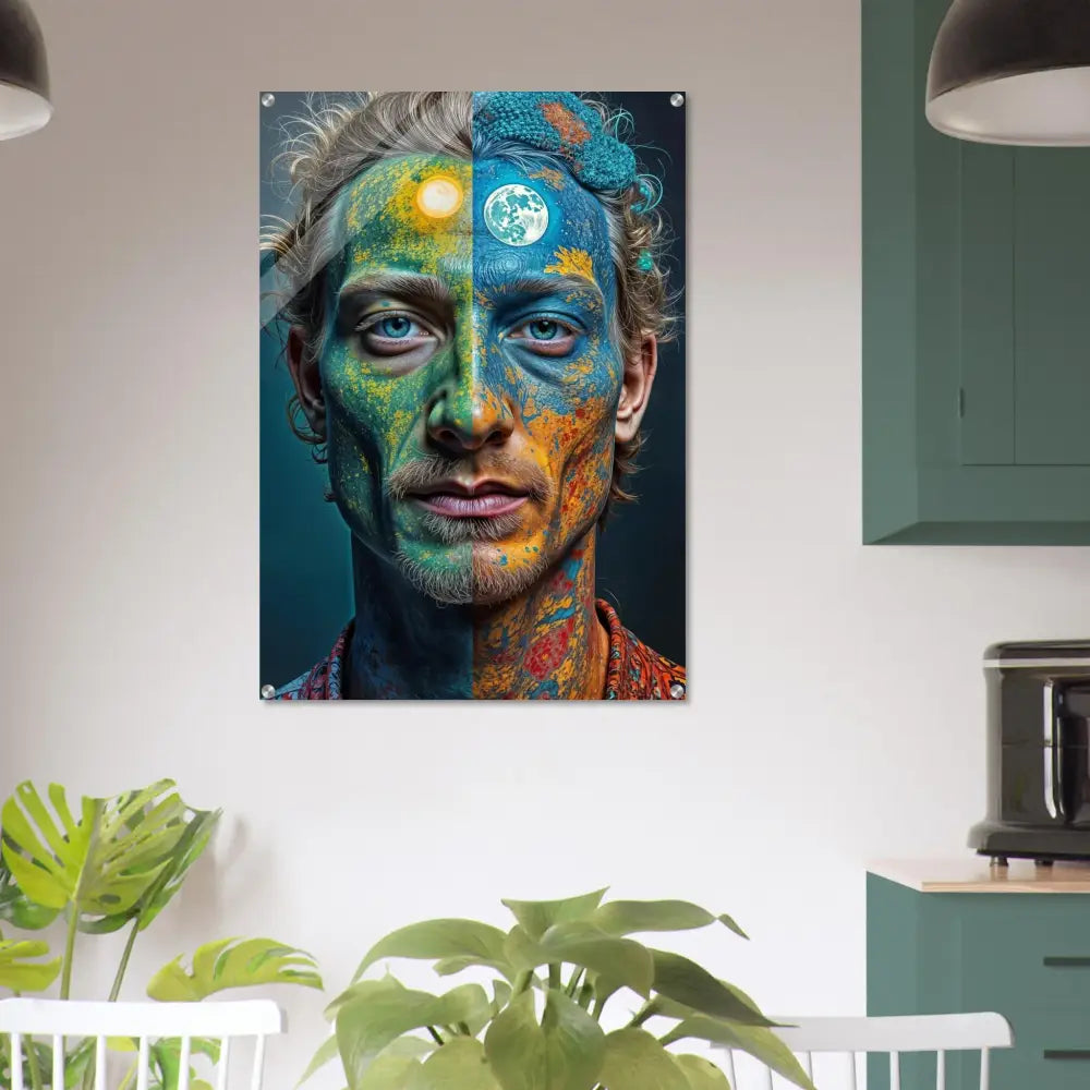 Day and night face art on acrylic wall art featuring wild code trippy face print