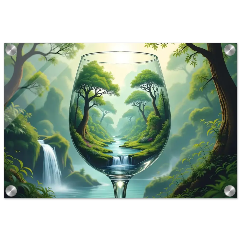 Wine glass with a lush forest landscape showcasing Acrylic Wall Art World in a Glass PixiOnyx