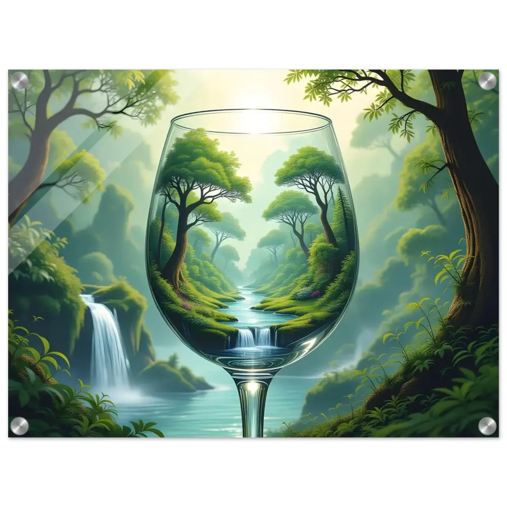 Wine glass with lush Forest landscape displayed in Acrylic Wall Art World in a Glass Surreal Forest