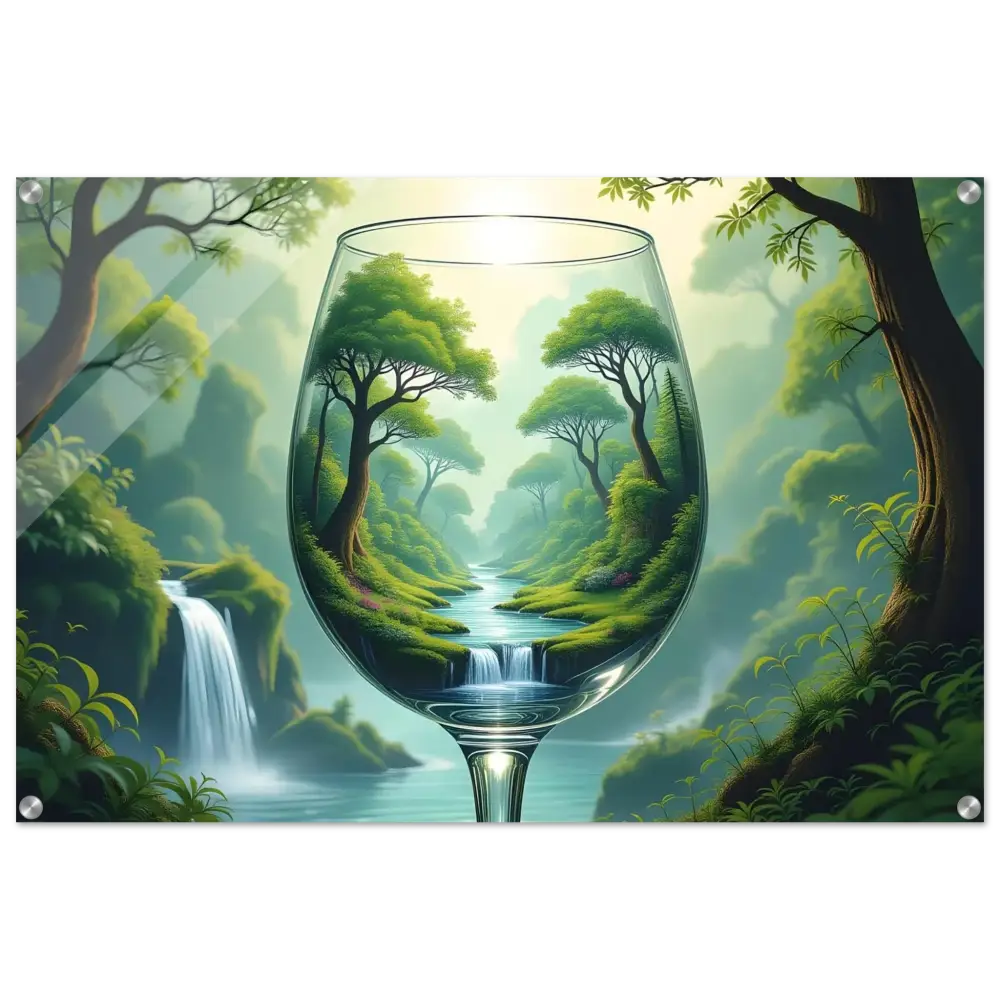 Wine glass with a miniature lush landscape displayed in PixiOnyx Clarity Series wall art