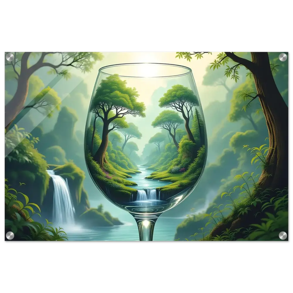 Wine glass with lush forest scene in acrylic wall art featuring surreal forest design