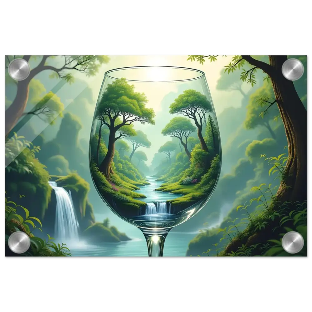 Wine glass with vibrant forest landscape wall art in PixiOnyx Clarity Series