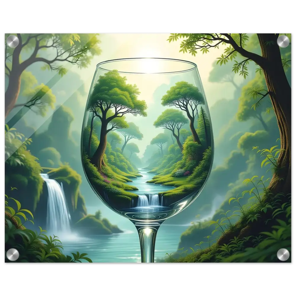 Wine glass with a lush forest scene in Acrylic Wall Art World in a Glass Surreal Forest PixiOnyx Clarity Series
