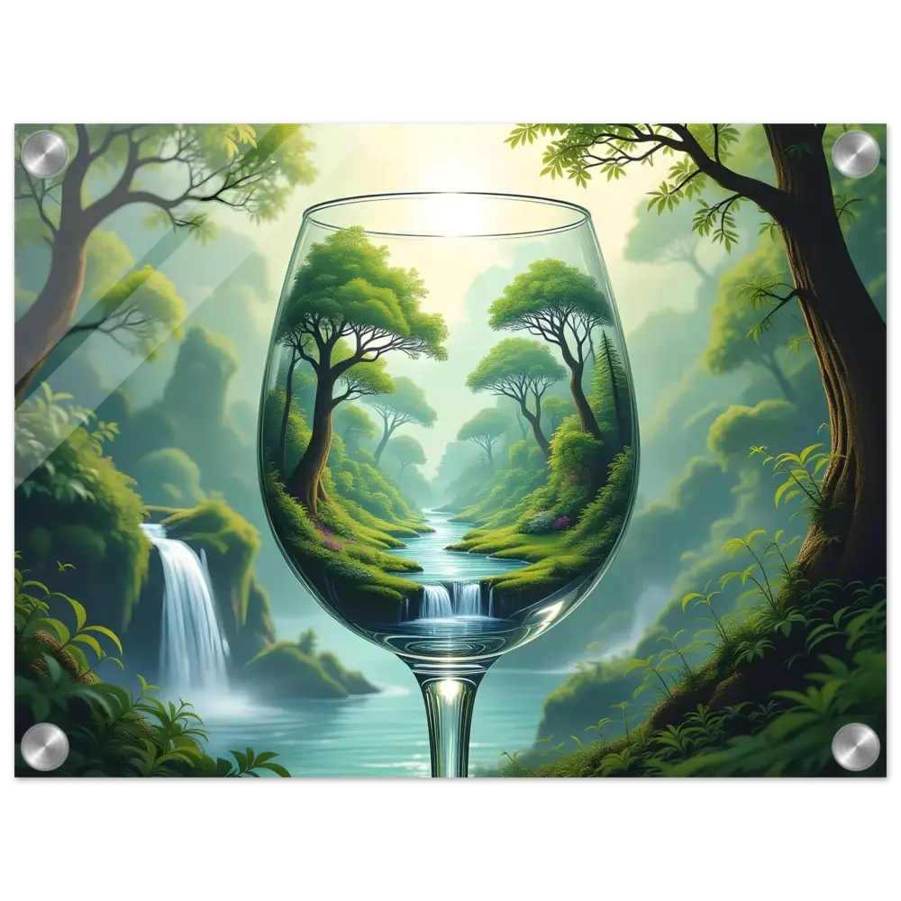Wine glass encapsulating lush forest landscape in Acrylic Wall Art World in a Glass PixiOnyx