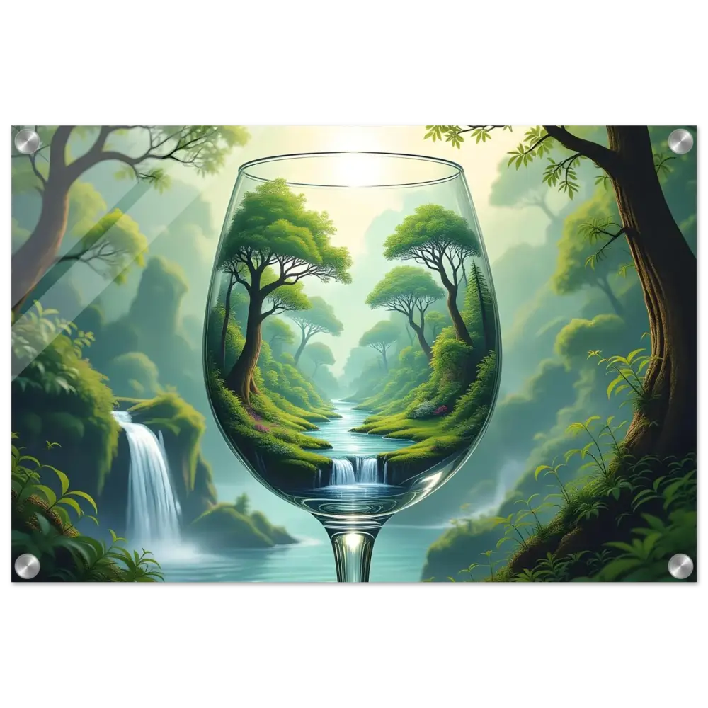 Wine glass with lush forest landscape acrylic wall art in PixiOnyx Clarity Series