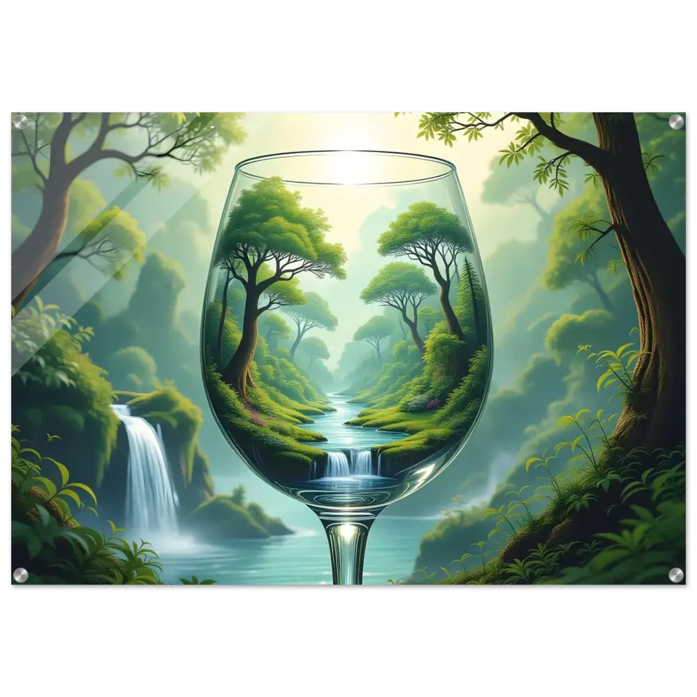 Wine glass with lush forest landscape wall art in PixiOnyx Clarity Series