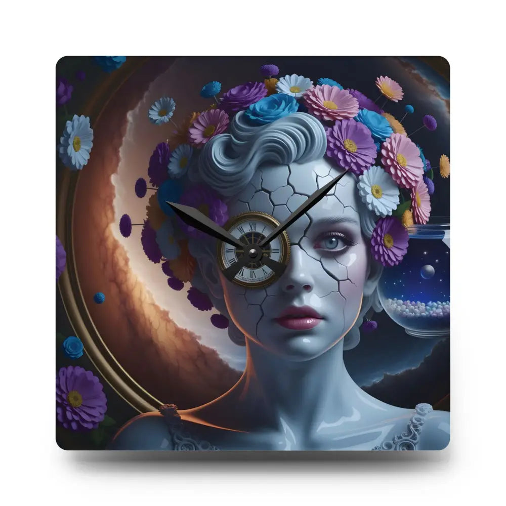 Square acrylic wall clock with a cracked porcelain woman and floral headpiece in surreal style
