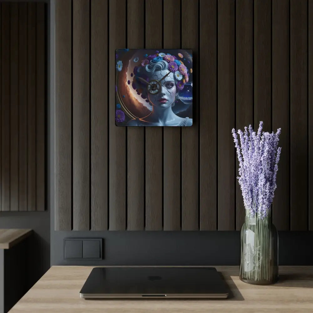 Square acrylic wall clock featuring surreal woman portrait for Fractured Time collection