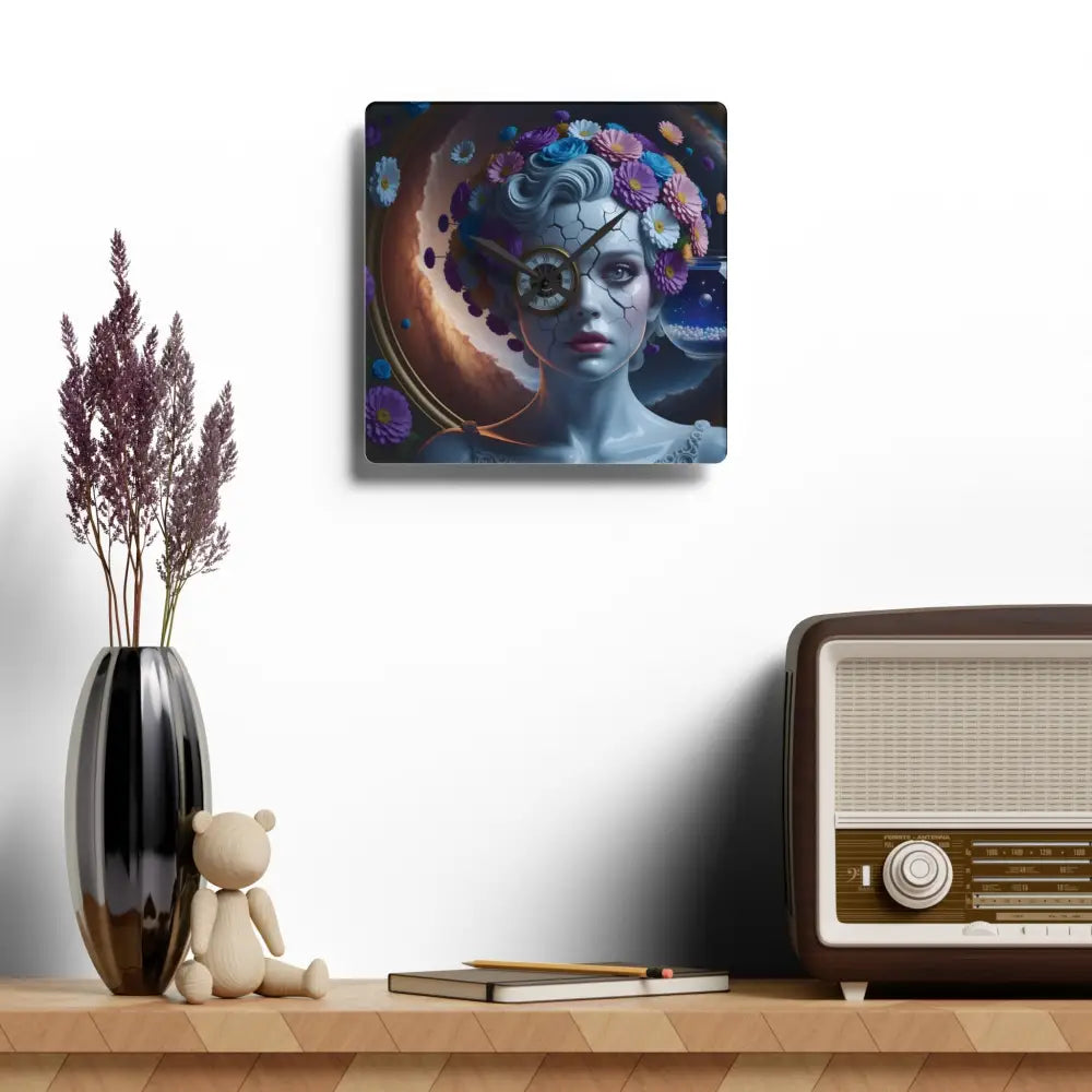 Square acrylic wall clock featuring a surreal woman portrait for unique home decor