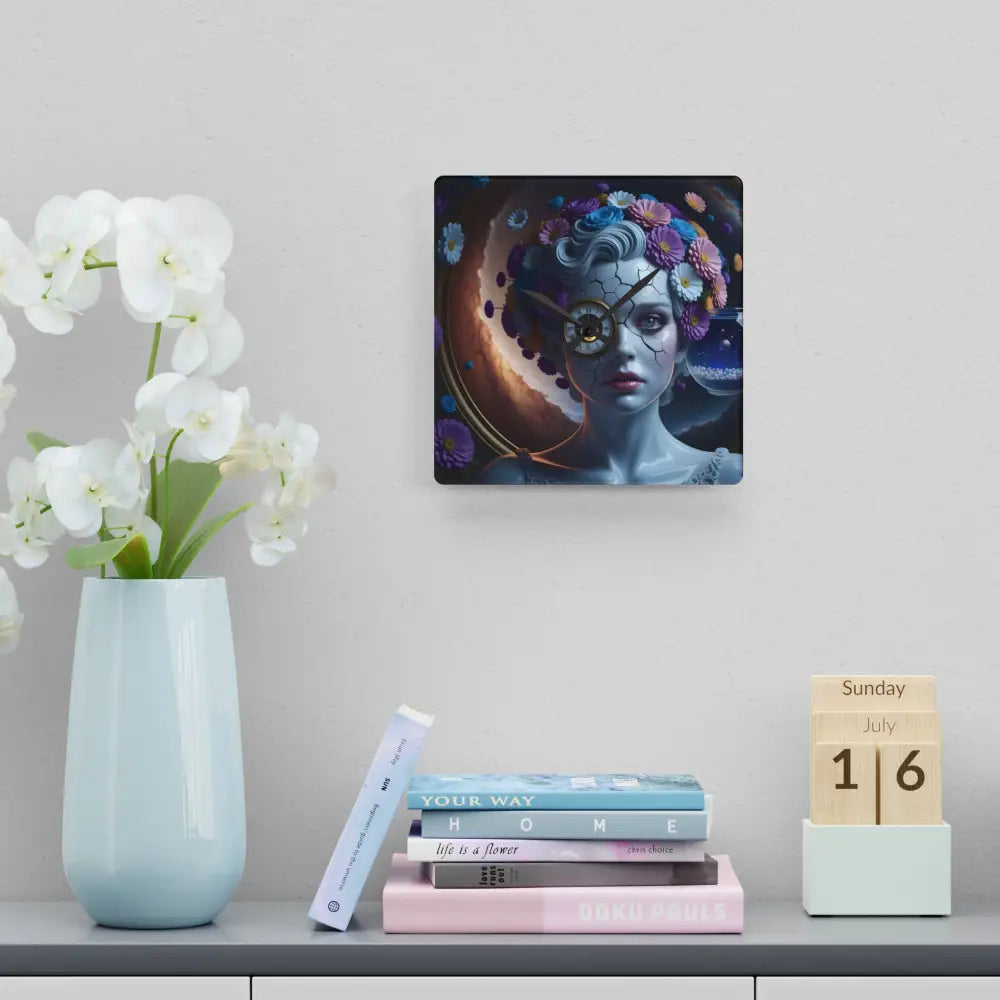 Square acrylic wall clock featuring a floral woman design from PixiOnyx Fractured Time collection