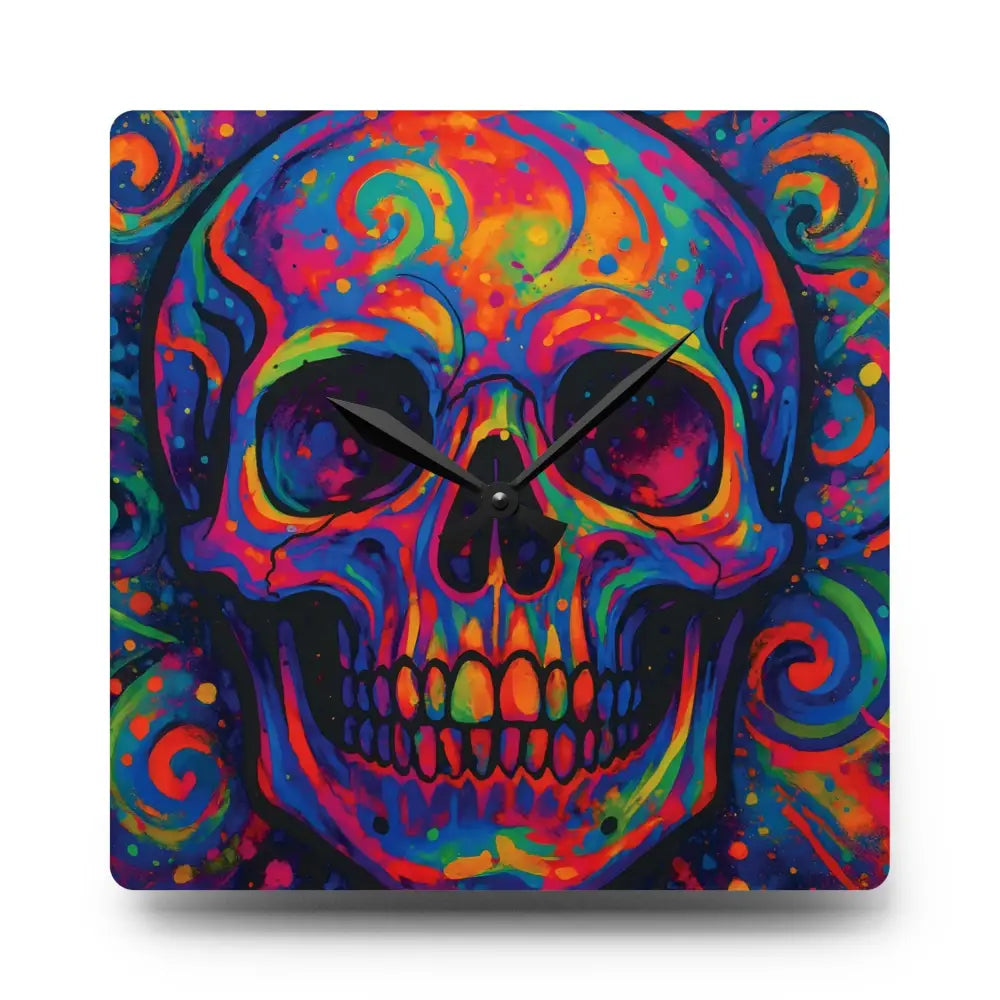 Colorful skull clock acrylic wall decor with psychedelic design for bold interior style