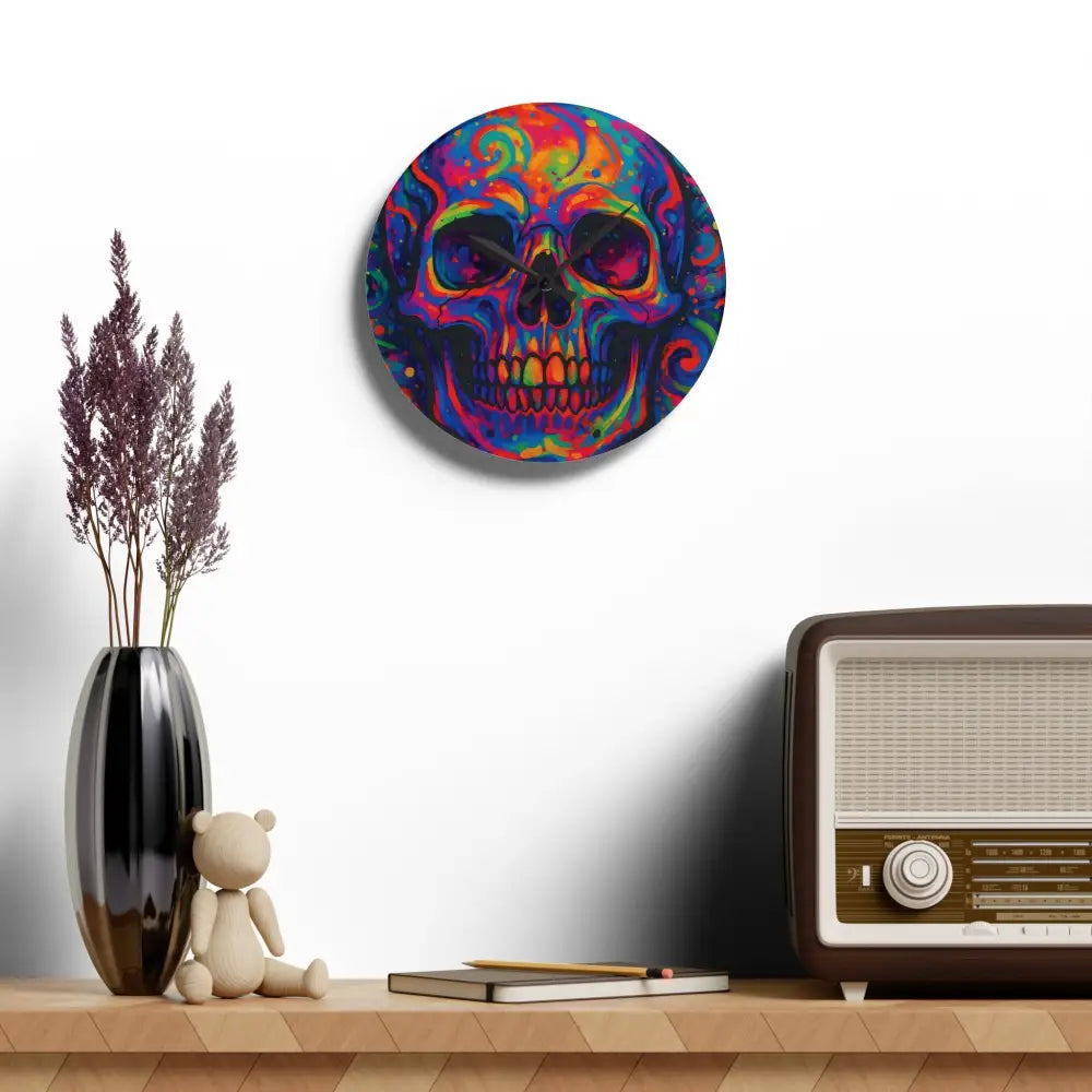 Colorful psychedelic skull acrylic wall clock for bold home decor by PixiOnyx