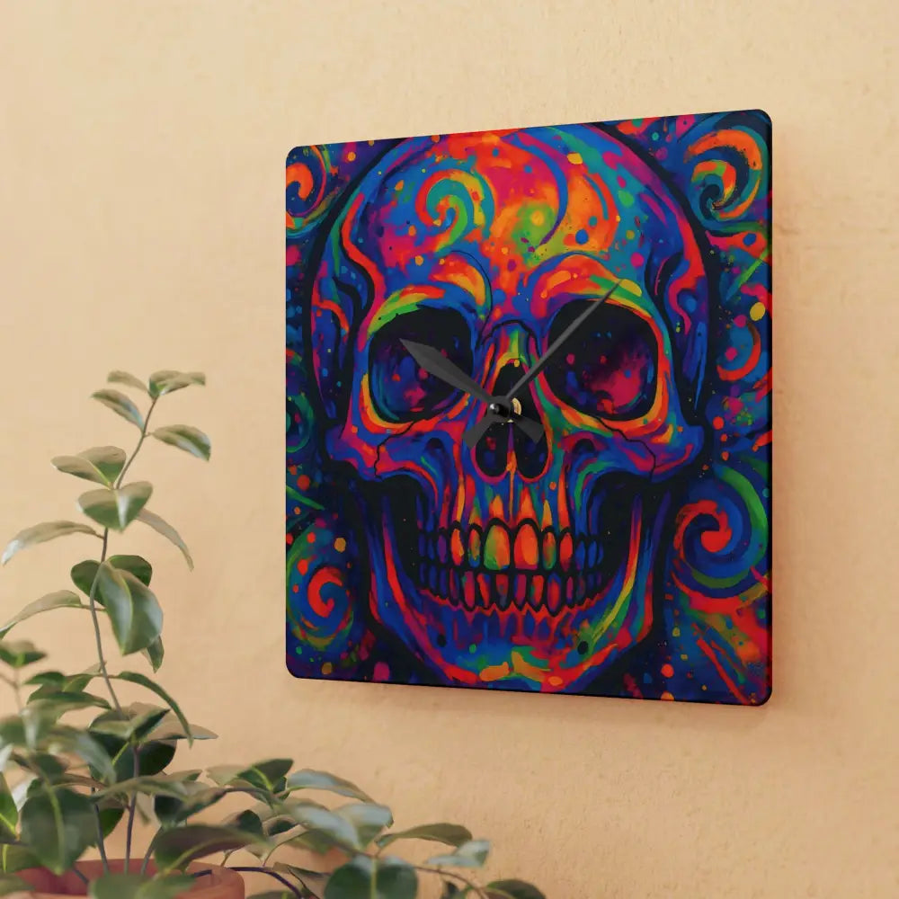 Colorful skull clock wall decor for bold psychedelic home interior design