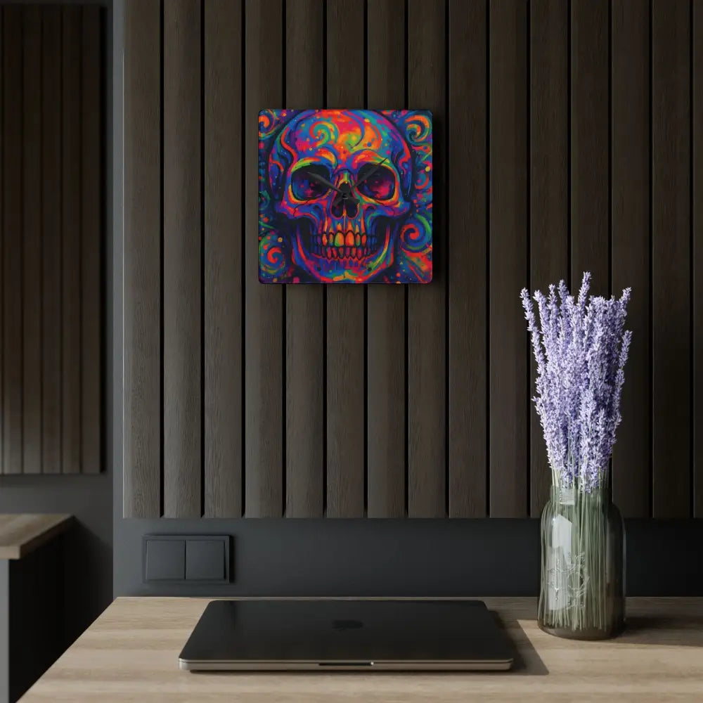 Colorful skull artwork on acrylic wall clock in Psychedelic Skull design by PixiOnyx