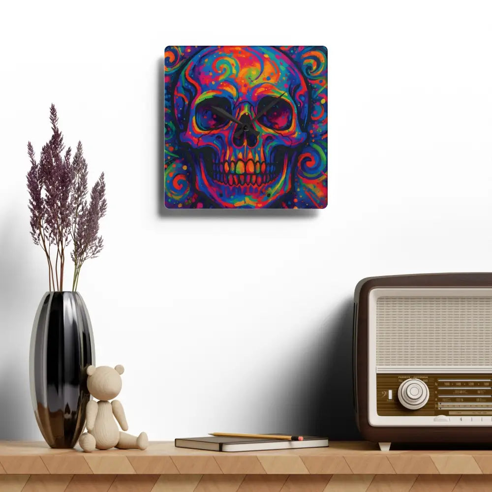 Colorful skull wall art on Acrylic Wall Clock Psychedelic Skull by PixiOnyx Bold Decor