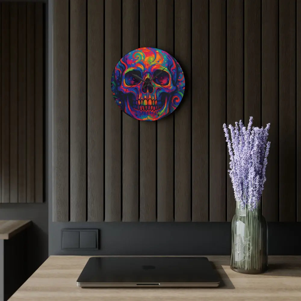Colorful skull wall art displayed on the Acrylic Wall Clock Psychedelic Skull from PixiOnyx