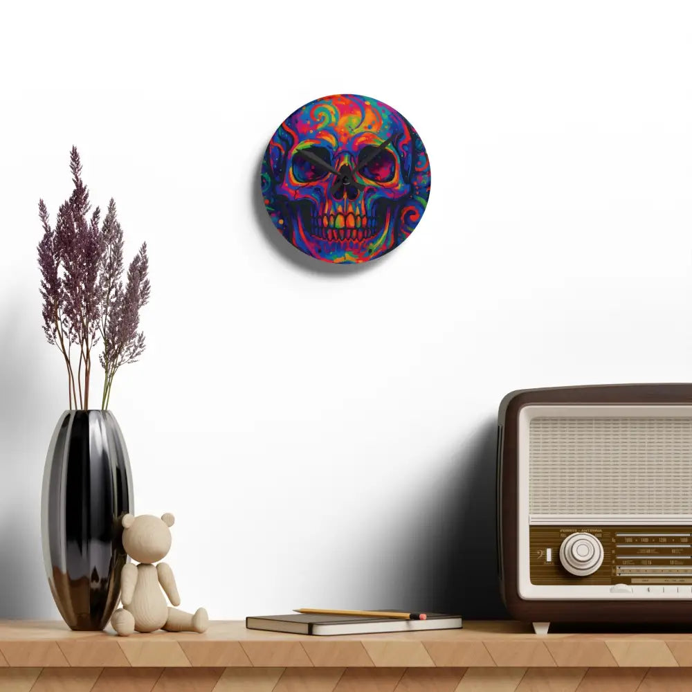 Colorful skull wall clock from PixiOnyx Bold Decor for psychedelic modern home decor