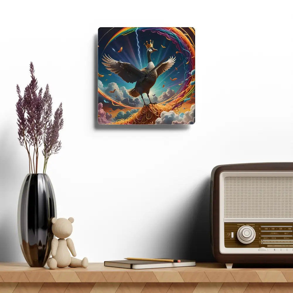 Colorful Goose King wall art acrylic clock with surreal spaghetti design by PixiOnyx