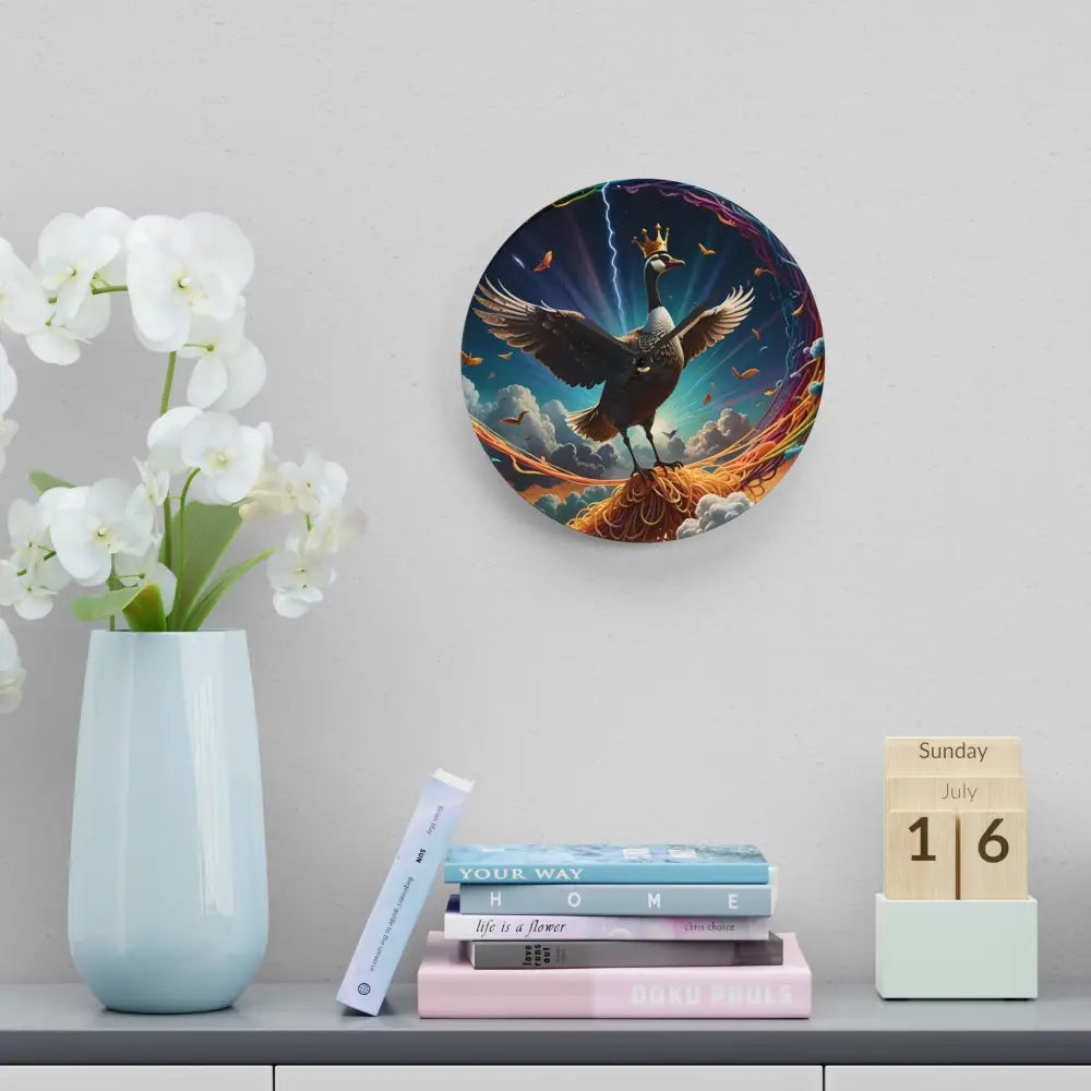 Swan-themed wall decor acrylic clock with surreal goose design by PixiOnyx