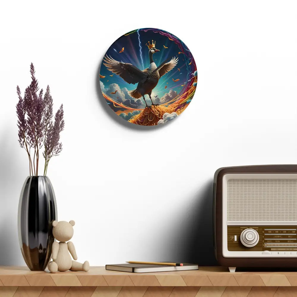 Whimsical goose king wall art on acrylic clock face from PixiOnyx Surreal Statement collection