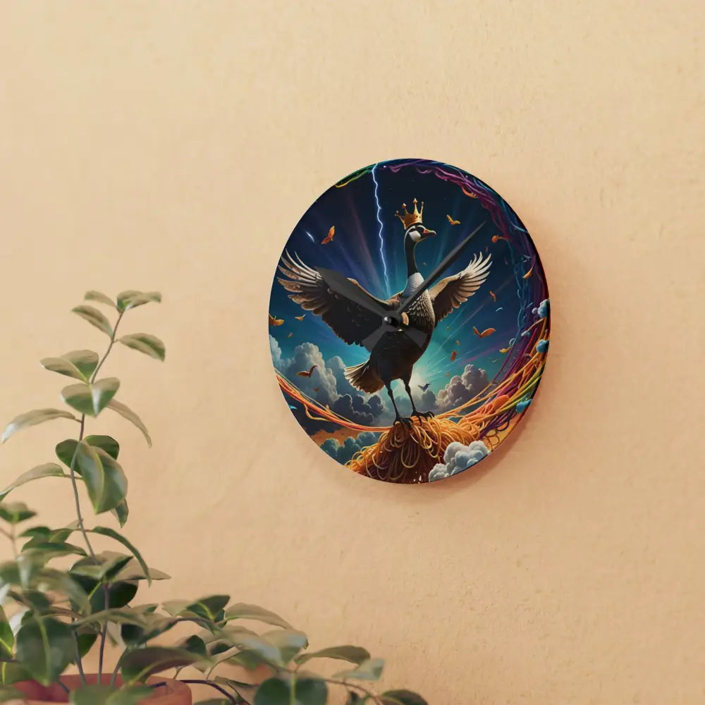 Acrylic wall clock featuring a crowned goose design from PixiOnyx Surreal Statement collection