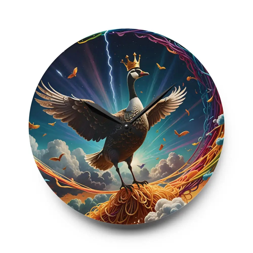 Whimsical goose clock with crown artwork on Acrylic Wall Clock Spaghetti Goose Ascension