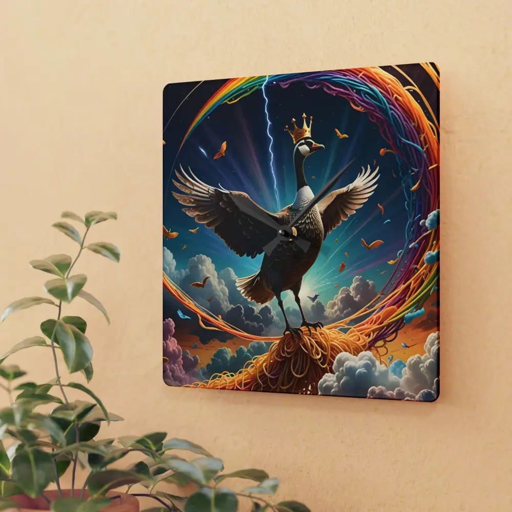 Whimsical Goose King art on Acrylic Wall Clock Spaghetti Goose Ascension by PixiOnyx