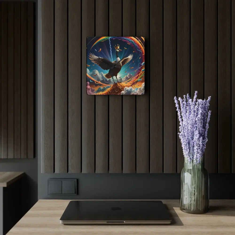 Colorful eagle artwork on Acrylic Wall Clock Spaghetti Goose Ascension by PixiOnyx
