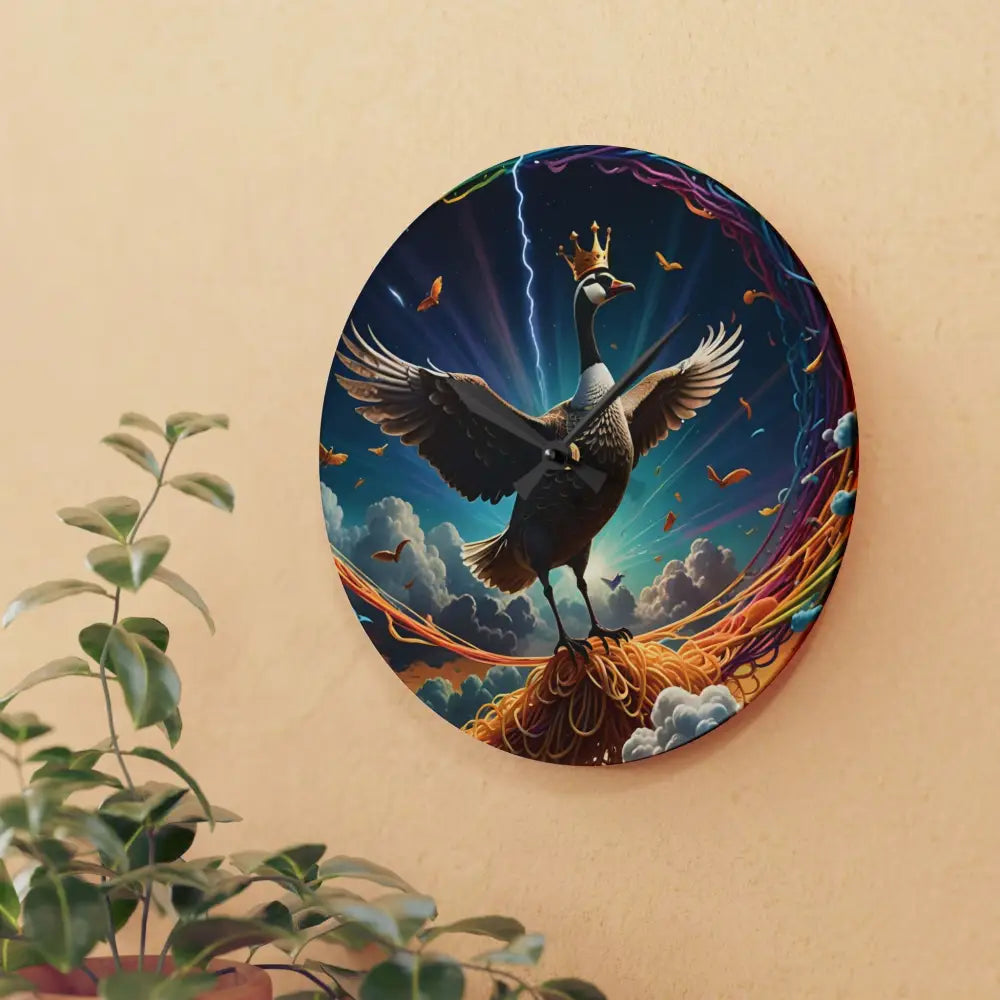Acrylic wall clock featuring a goose design from PixiOnyx Surreal Statement collection