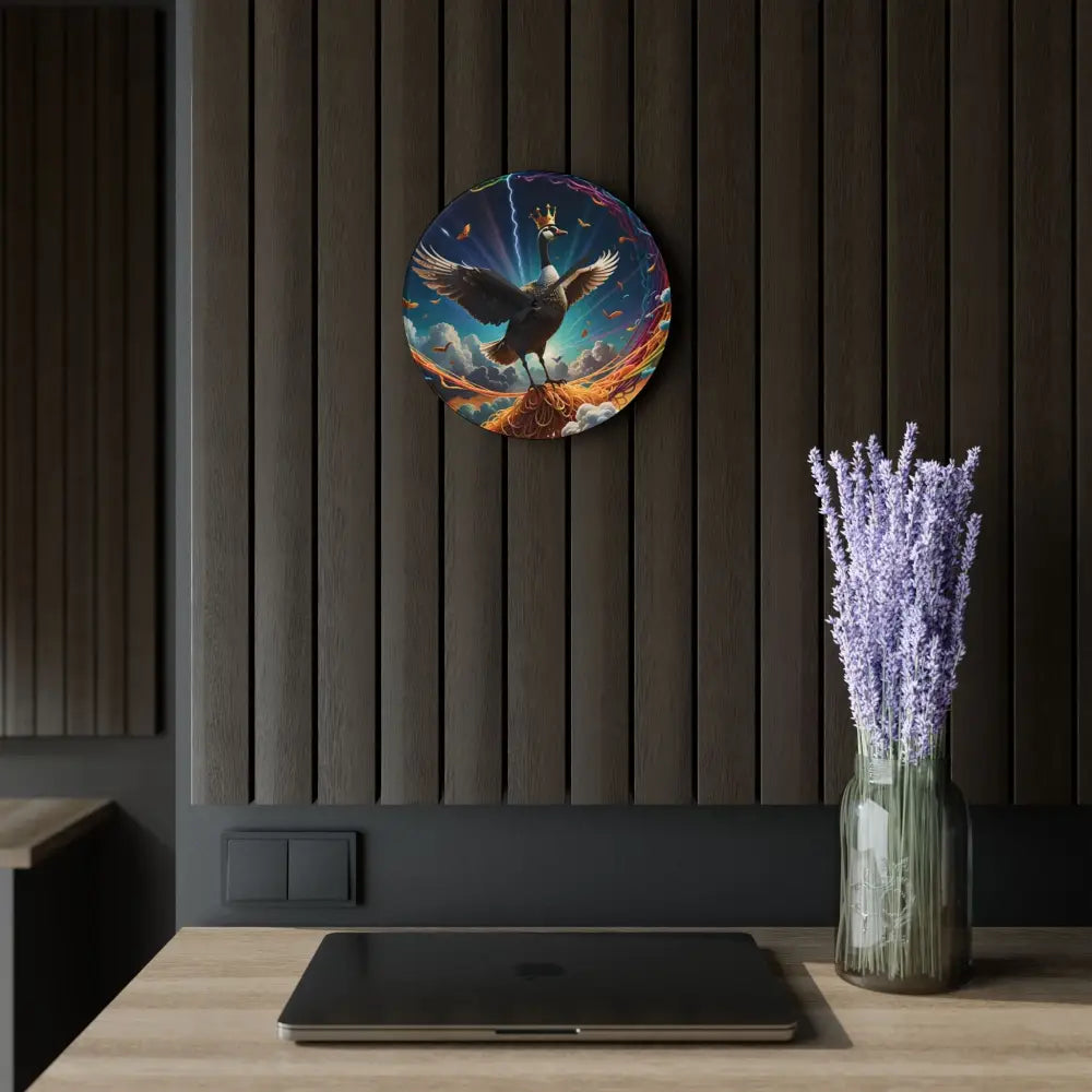 Round wall art with eagle and crown featured on Acrylic Wall Clock Spaghetti Goose Ascension