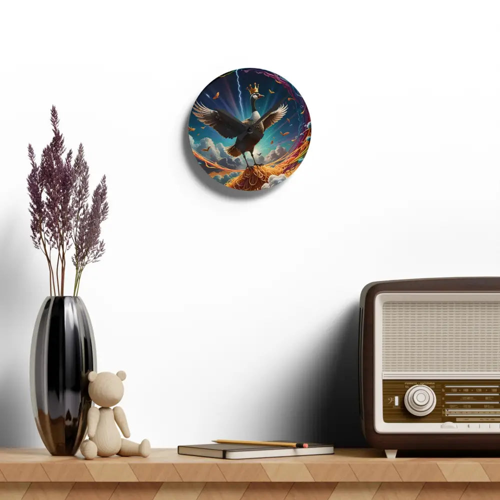 Round wall art with crowned swan, part of Acrylic Wall Clock Spaghetti Goose Ascension by PixiOnyx