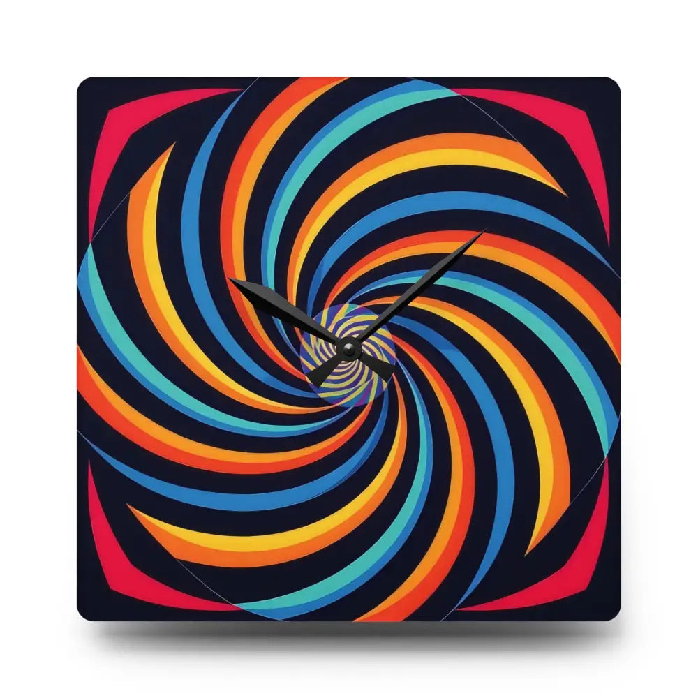 Square acrylic wall clock with colorful spiral design for modern home decor
