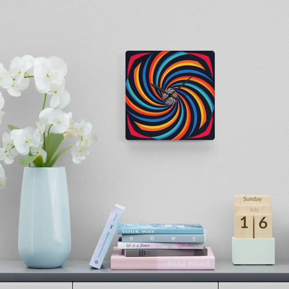 Colorful spiral wall clock with vibrant swirls from PixiOnyx Dynamic Decor