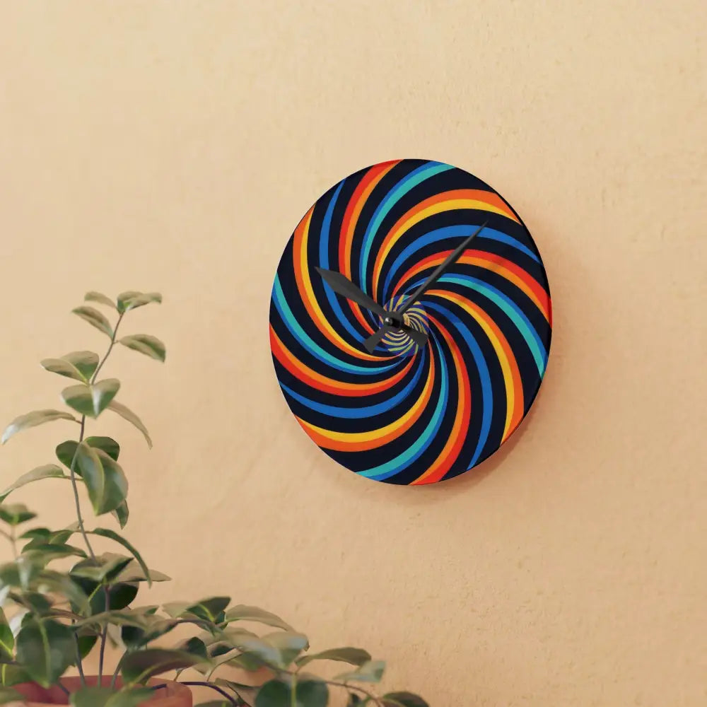 Colorful spiral acrylic wall clock with a spirograph swirl design by PixiOnyx