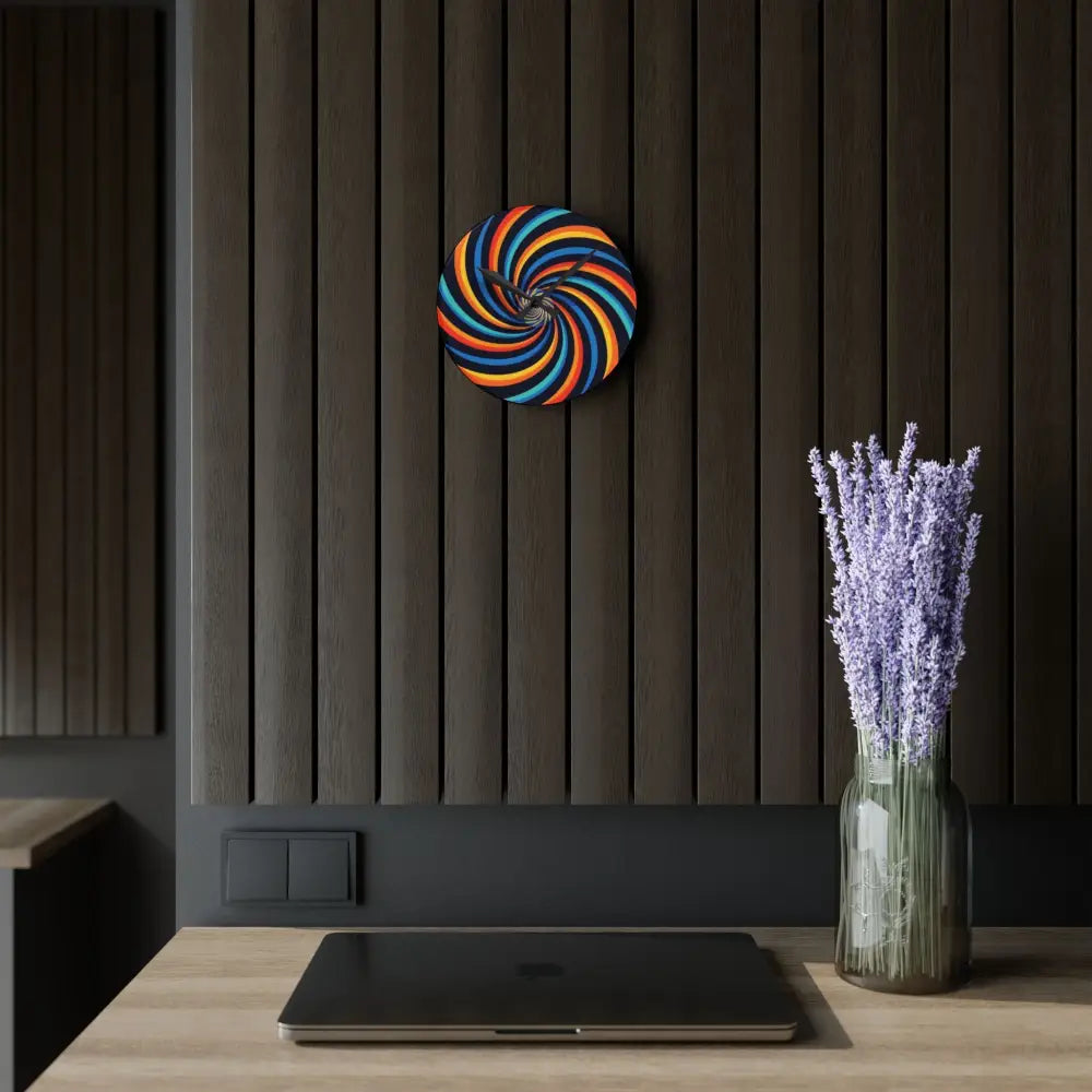 Colorful swirling wall art on Acrylic Wall Clock Spirograph Swirl by PixiOnyx Dynamic Decor