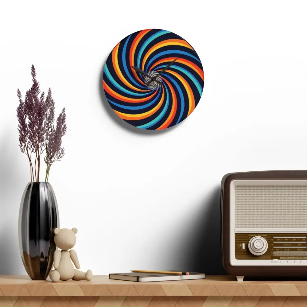 Colorful spiral wall clock from PixiOnyx Dynamic Decor showcasing vibrant swirls